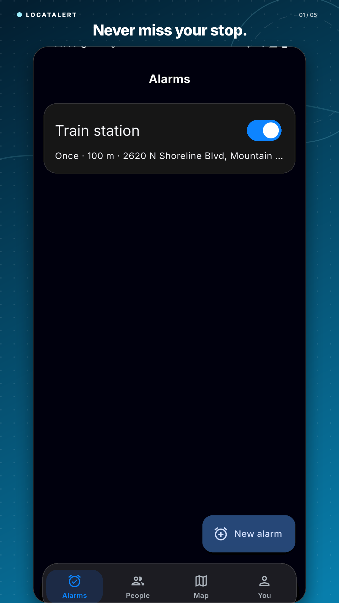 LocatAlert showing a GPS alarm for a train station